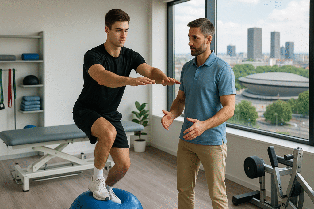 Sportowiec ćwiczący z fizjoterapeutą w gabinecie w Katowicach