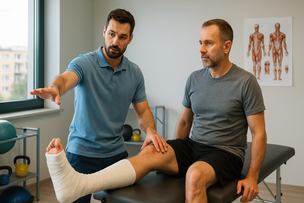 Fizjoterapeuta z Katowic instruuje pacjenta po złamaniu podczas ćwiczeń rehabilitacyjnych