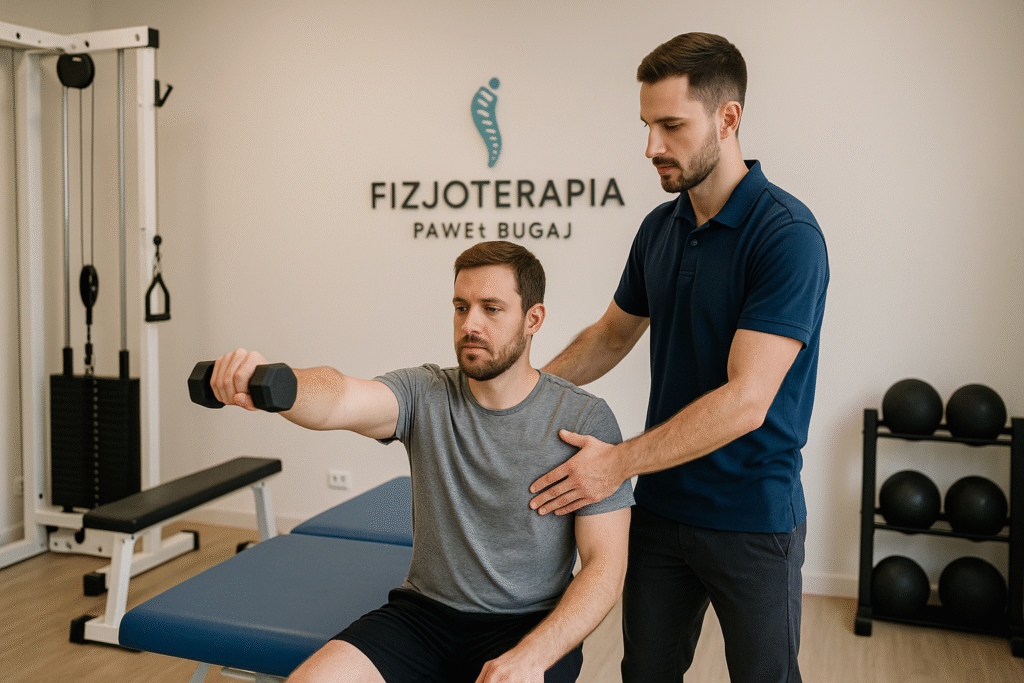 Pacjent ćwiczący z fizjoterapeutą w gabinecie w Katowicach