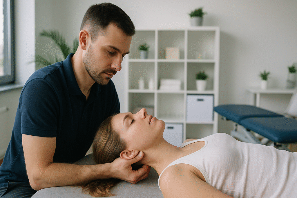 Fizjoterapeuta wykonuje terapię mięśniowo-powięziową pacjentce z bólem głowy w gabinecie w Katowicach