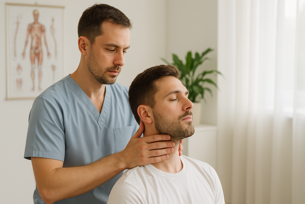 Osteopata wykonujący delikatną terapię manualną na odcinku szyjnym pacjenta w gabinecie w Katowicach