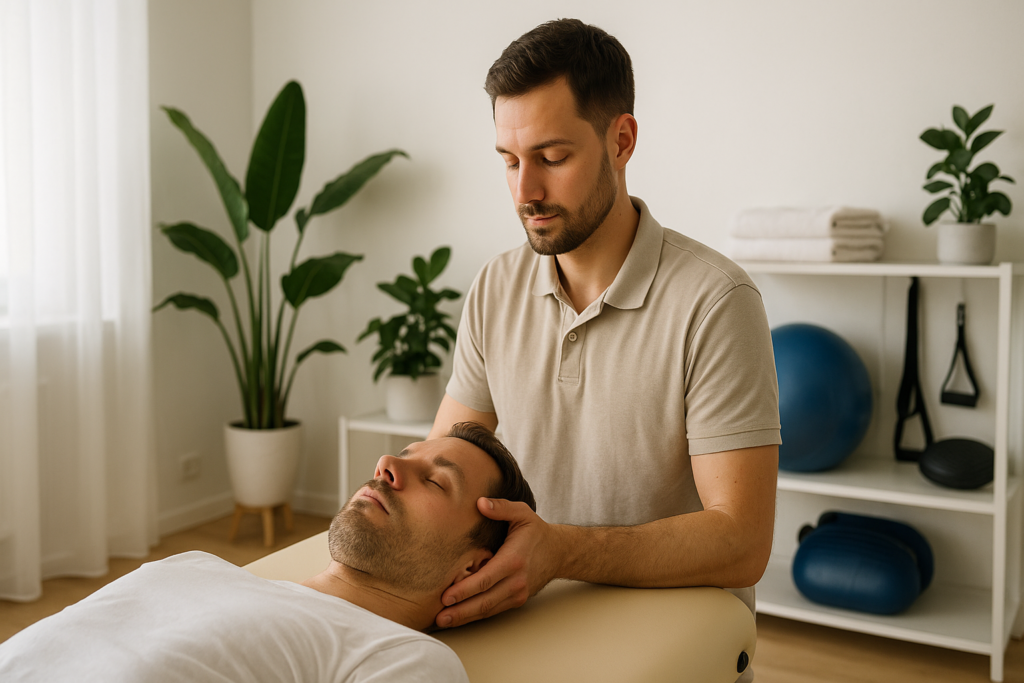Terapeuta wykonujący terapię czaszkowo-krzyżową w gabinecie w Katowicach