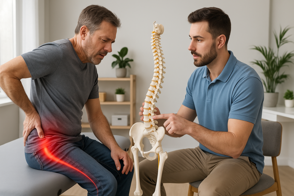 Fizjoterapeuta pomaga pacjentowi z rwą kulszową i bólem promieniującym do nogi w gabinecie