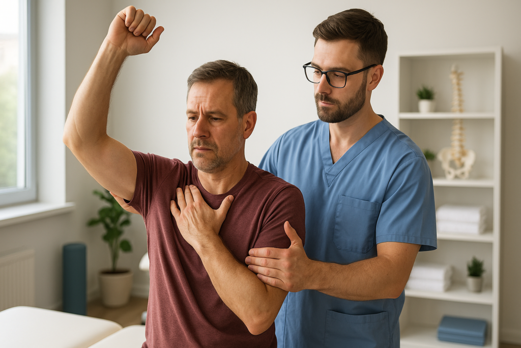 Fizjoterapeuta prowadzący rehabilitację barku u pacjenta z bólem przy podnoszeniu ręki